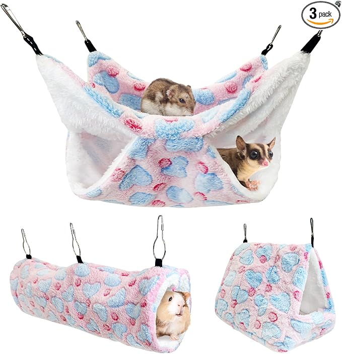 PINVNBY 3 PCS Ferret Rat Hammock Set Hanging Guinea Pig Hideout Bed Small Animals Tunnel Toy Ferret Cage Accessories for Hamster Squirrel Sugar Glider Chinchilla (Pink)