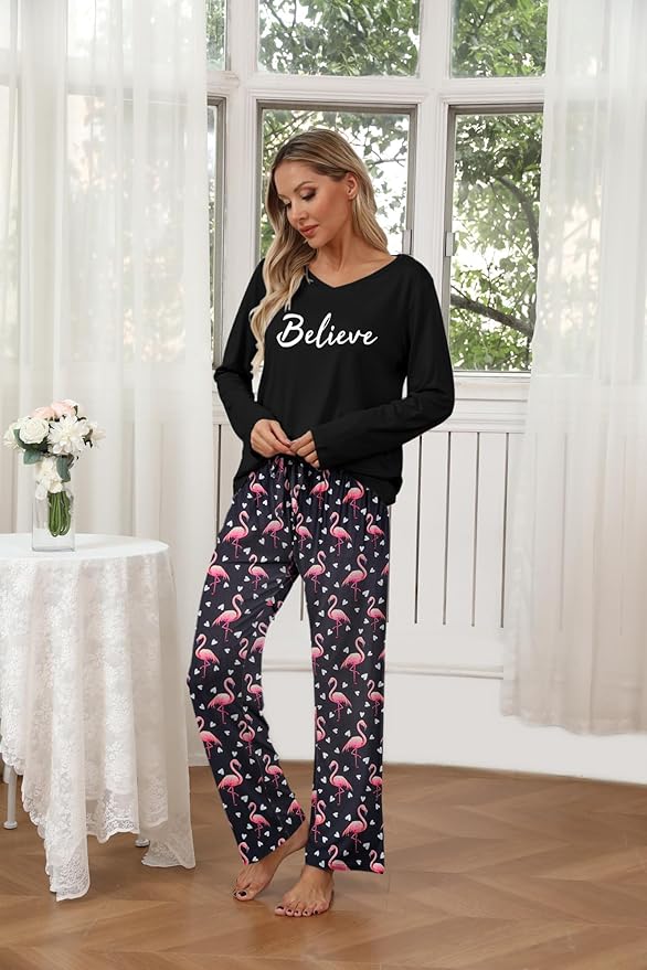 Ekouaer Womens 2 Pack Pajama Set Long Sleeve Pajamas Top and Pants V Neck Pjs Set Soft Loungewear with Pockets
