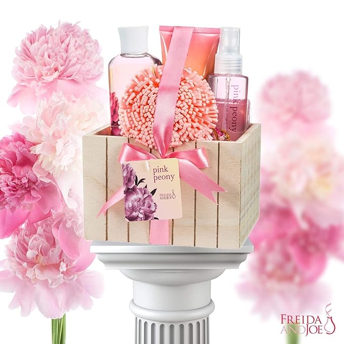 Pink Peony Bathroom Bath Set for Women, Complete Skincare Products in a Natural Wood Plant Box, Body Lotion, Shower Gel, Bubble Bath, Body Spray, Puff