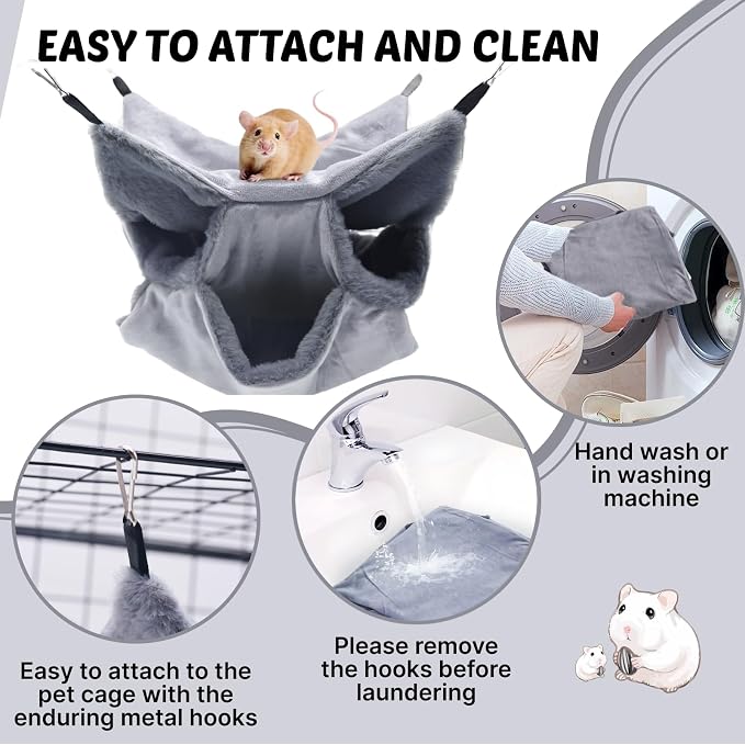 LYART Sugar Glider Pouch Hammock Bed Bedding, Sugar Glider Cage Accessories Toys for Rat, 3-Layer Hammock Make Pet Cages More Three-Dimensional (1.Grey)