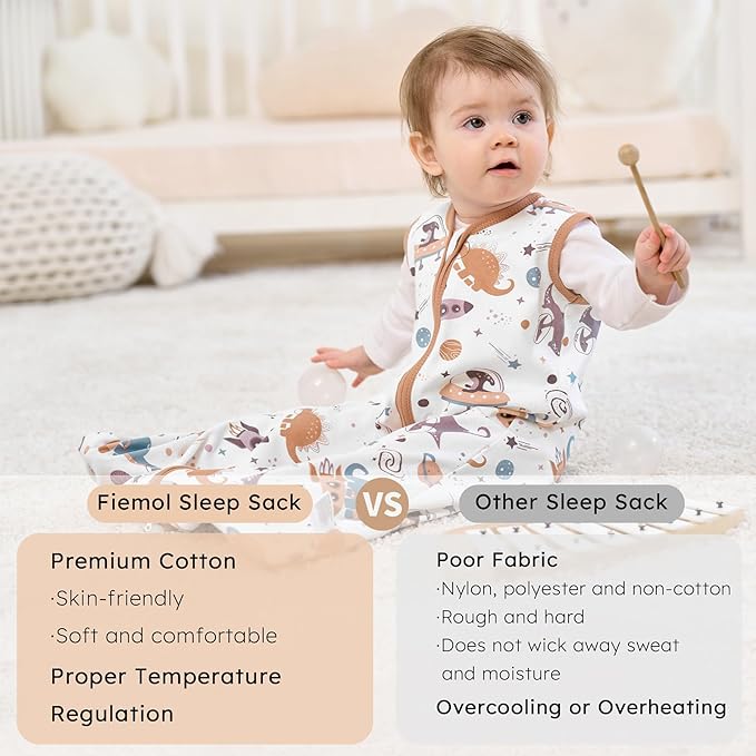 Baby Sleep Sack 6-12 months, 100% Cotton Sleeping Sack for Newborn and Infant, 3 Pack Baby Wearable Blanket for Boy and Girl, 0.5 Tog Lightweight Double Zipper Sleep Bag Coffee Dinosaur Planet