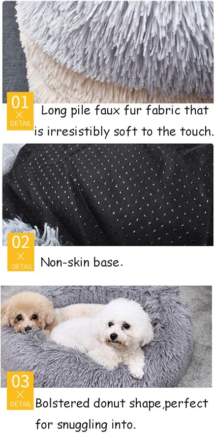 Plush Calming Donut Dog Bed for Small to Medium Dogs, 28 Inch Round Pet Bed | Soft Faux Fur Puppy Bed with Raised Rim for Curling and Head Support; Washable Round Pet Bed for Small to Medium Dogs or Cats