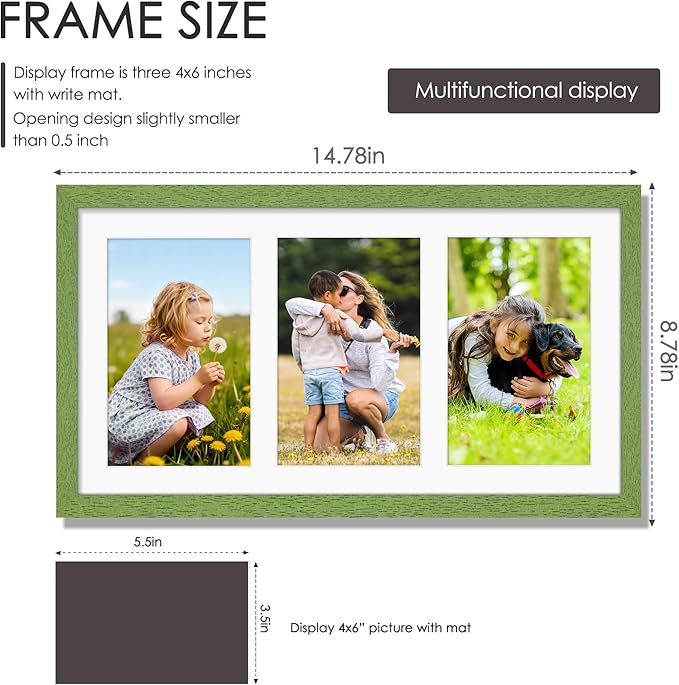 8x14 Collage Picture Frame 4x6 Collage Picture Frame Displays Three 4x6 inch Photos or 8x14 (Without Mat) for Available Horizontal Wall Mounting Display and Vertical Green