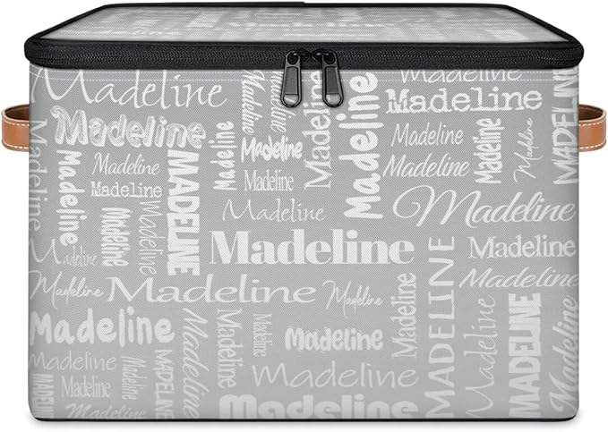 Custom Storage Basket with Name, Personalized Keepsake Box with Zipper Lid, Foldable Fabric Memory Bin Large capacity with Handle Grey