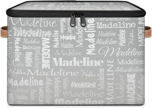 Custom Storage Basket with Name, Personalized Keepsake Box with Zipper Lid, Foldable Fabric Memory Bin Large capacity with Handle Grey