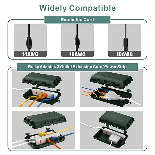 Outdoor Waterproof Electrical Box, 2 Pack Large Extension Cord Cover Protector Plug Connection Cable Safety Box IP54 Water-Resistant for Power Strip, Holiday Light and Decorations, Green