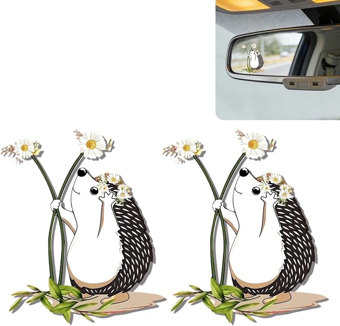 2Pcs Hedgehog Rear View Mirror Sticker Waterproof Vinyl Car Window Decal | Hedgehogs Car Accessories, Cute "Moo-tivational" Auto Decals Decor, Hedgehog Gifts for Women Men Animal Lovers