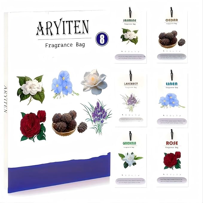 6-in-1 Natural Scented Sachets - 8 Pack Mixed Fragrance Collection with Rose, Lavender, Cedar, Linen, Jasmine & Gardenia for Home, Closet, Drawer | Long Lasting Air Freshener & Deodorizer