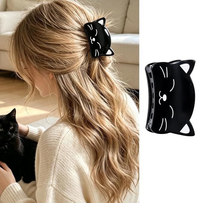 Black Cat Hair Claw Clips Animal Hair Clips Cute Acrylic Kitten Hair Clamp | Kitten Hair Jaw Clips Strong Hold Hair Barrettes Pet Cat Hair Accessories for Women Daily Halloween Holiday Party Styling