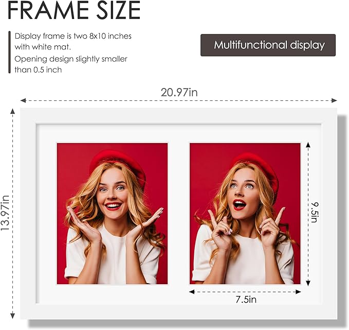 12x19 Double Picture Frame 8x10 Displays Two 8x10 inch Photos Collage Available Horizontal Wall Mounting Display and Vertical White
