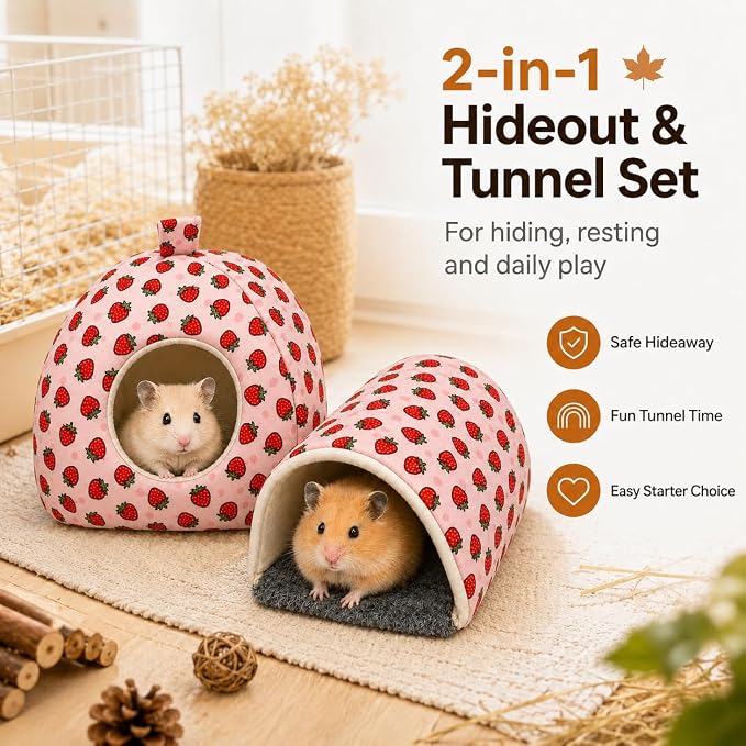 Hamster Hideout Tunnel Set, 2 Pack Washable Small Animal Bed with Removable Cushion, Cozy Play Tunnel Cage Accessories for Hamsters, Hedgehogs, Mice, Rats, Gerbils, Pink Strawberry