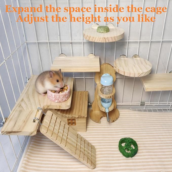 Hamster Cage Platform L-Shaped Wooden Hamster Cage Accessories Rat Climbing Toys Ledge with Ladder for Sugar Glider Mice Mouse Squirrel (M)