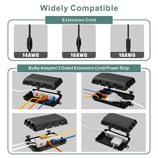 Outdoor Waterproof Electrical Box, 2 Pack Large Extension Cord Cover Protector Plug Connection Cable Safety Box IP54 Water-Resistant for Power Strip, Holiday Light and Decorations, Black