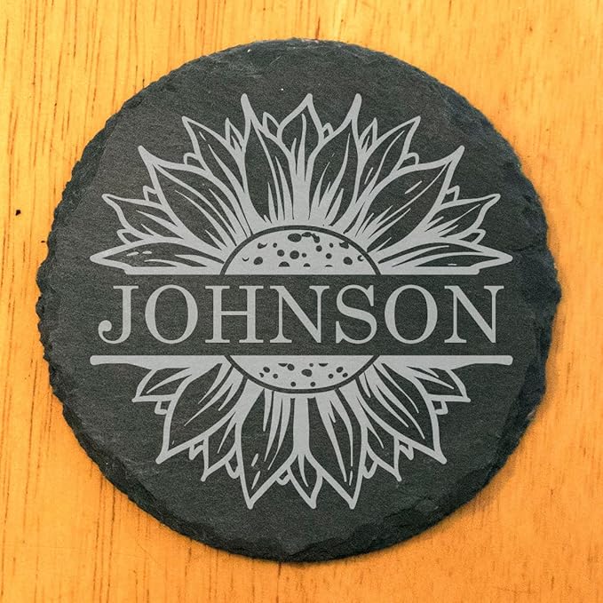Personalized Monogram Family Coasters, Natural Stone Set, Birthday, Wedding, Customized, Rustic - Round Slate - Set of 8