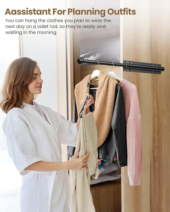 Valet Rod for Closet Pull Out, Retractable Slide Out Valet Rod Closet Organization, 12" Aluminum Valet Clothing Hanger Rods Perfect for Suits, Freshly Pressed Clothes, Black