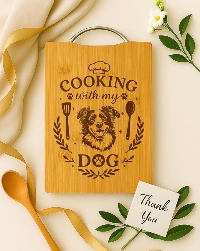 Bamboo Cutting Board, Personalized Gift for Dog Lovers, Kitchen Decor – Cooking with My Dog (Australian Shepherd)