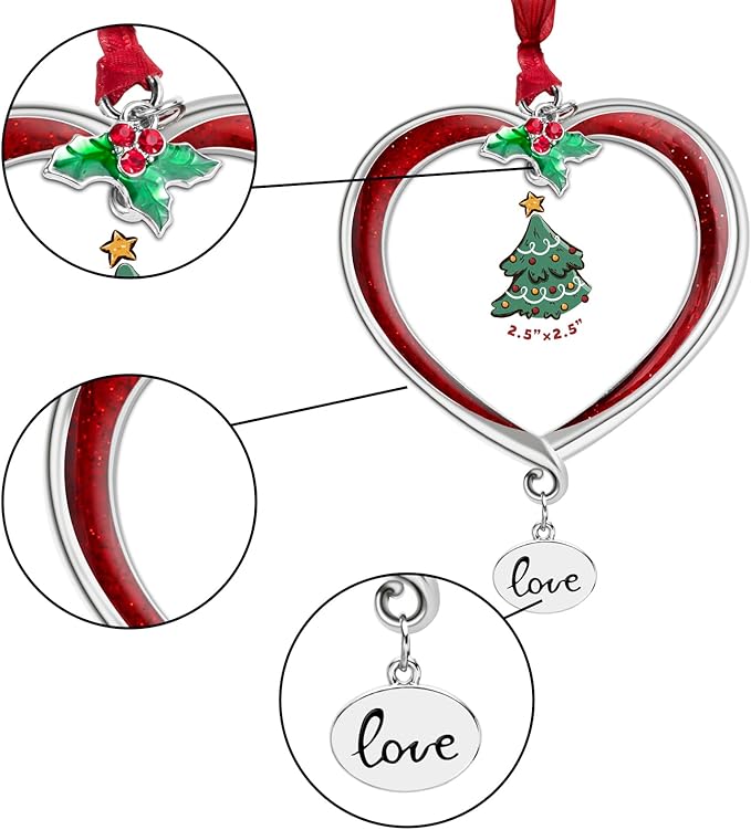 Christmas Tree Ornament Picture Frame Metal Hanging Pendant Holiday 2.5" Photo Frame Charm Decorative of Pets, Baby First Christmas, Family (Love Red)