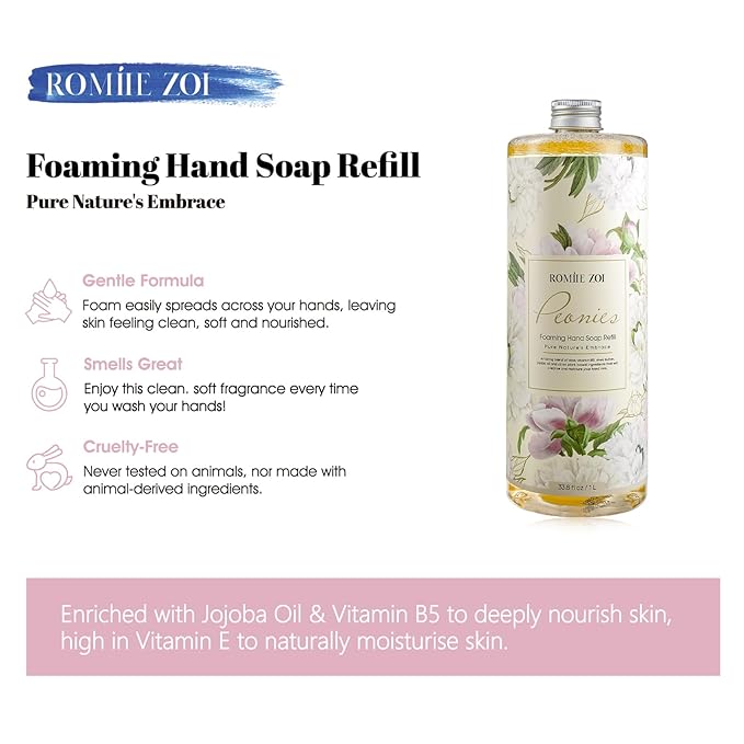 ROMIIE ZOI Foaming Hand Soap Refill, Peony, Gentle & Moisturizing Formula, 1 L/ 33.8 FL OZ