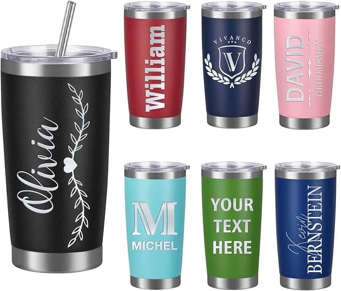 Personalized Tumbler with Lid and Straw Custom Stainless Steel Cups Mug with Engraved Name Text Customized Travel Coffee Tumbler Gifts for Men Women 20oz
