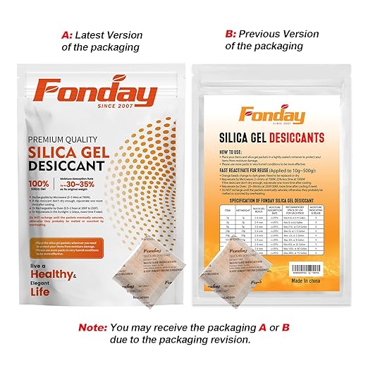 50g x 10 packs Fonday Rechargeable Silica Gel Desiccant Packets Food Grade Fast Reactivate Desiccant Bags Moisture Indicating Orange to Green