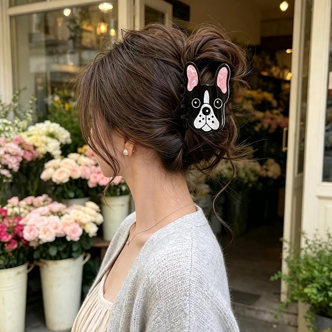 Cute French Bulldog Hair Claw Clips Dog Hair Clips Acrylic Hair Barrettes | Black White Puppy Hair Jaw Clips Animal Hair Accessories Strong Hold Nonslip Grip Clips for Women Daily Holiday Party Styling