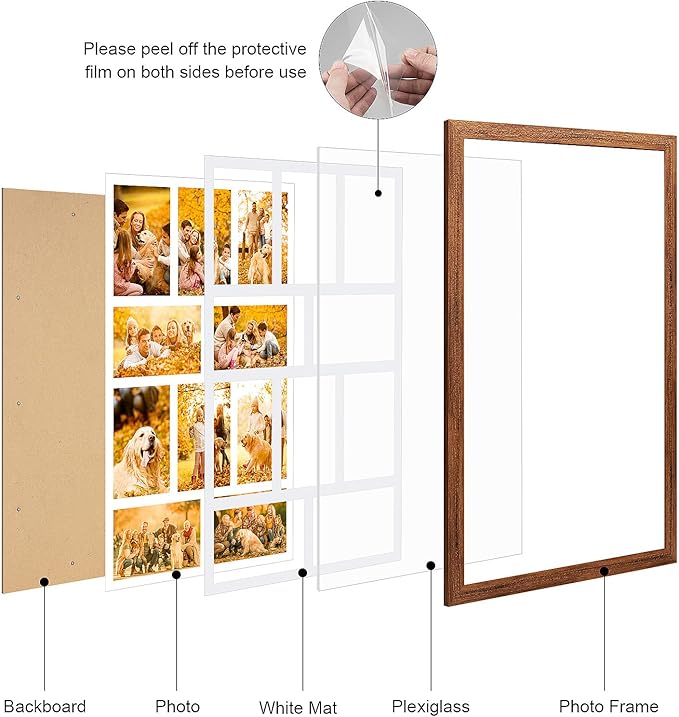 13x21 Collage frame with 10 Openings 4X6 Pictures, Multiple Picture Frame with Mat, Wall or Tabletop Decor, Carbonized Brown Wood Grain,2 Pack