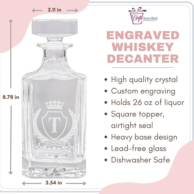 Gifts Inscribed Personalized Whiskey Decanter Set - Engraved Whiskey Decanter Bottle & Set of 4 Custom Drinking Glasses Laser Etched - Customized Whisky Gift for Wedding, Birthday, Fathers Day