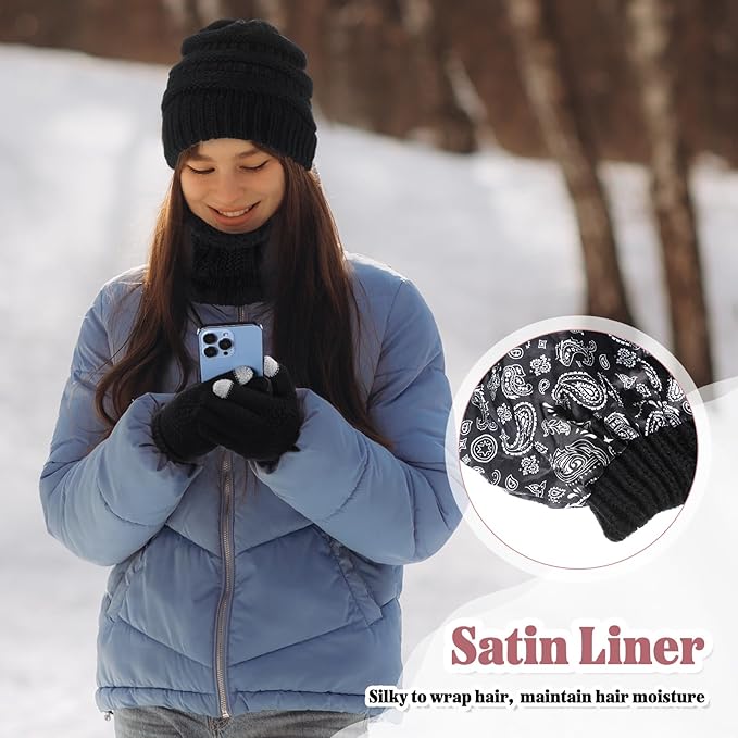 SATINIOR 5 Pcs Winter Satin Lined Hat Scarf Gloves Set Knit Pompom Beanie Warm Touchscreen Glove Earmuff Ear Warmer for Women