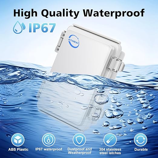 Waterproof Outdoor IP67 Junction Box (5.9"x3.9"x2.8") with Mounting Plate, Hinged Grey Cover and Wall Brackets - Weatherproof ABS Plastic Electrical Enclosure for DIY Projects (150x100x70mm)