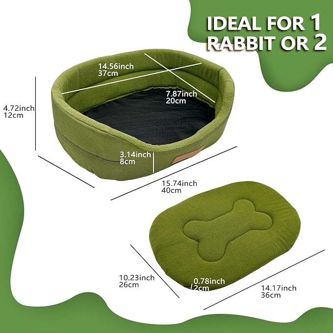 Rabbit Bed,Soft & Washable Bunny Bed with Cozy Removable Mat, Small Animal Cuddle Cup Hideout for Guinea Pig,Chinchilla, Hedgehog, Ferret (Green)