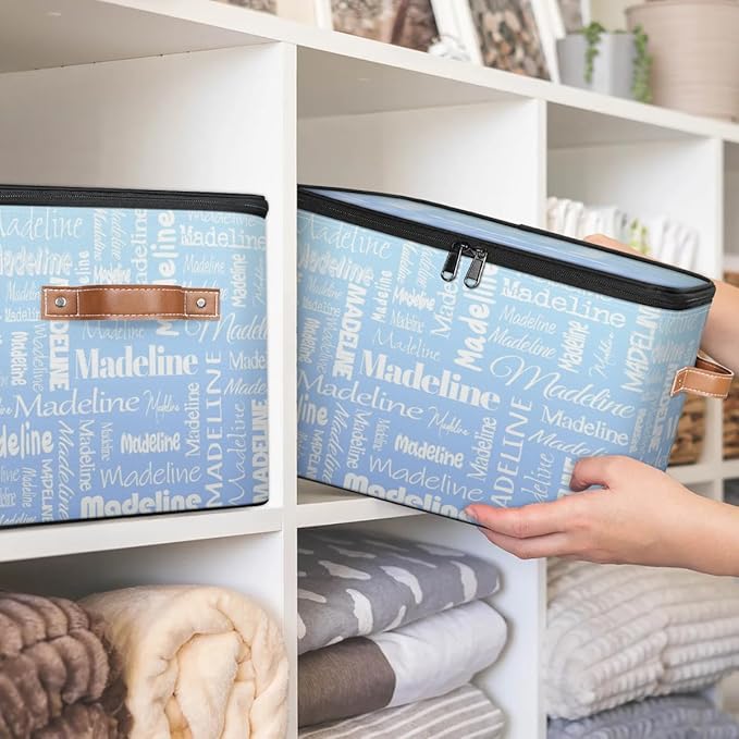 Custom Storage Basket with Name, Personalized Keepsake Box with Zipper Lid, Foldable Fabric Memory Bin Large capacity with Handle White Blue