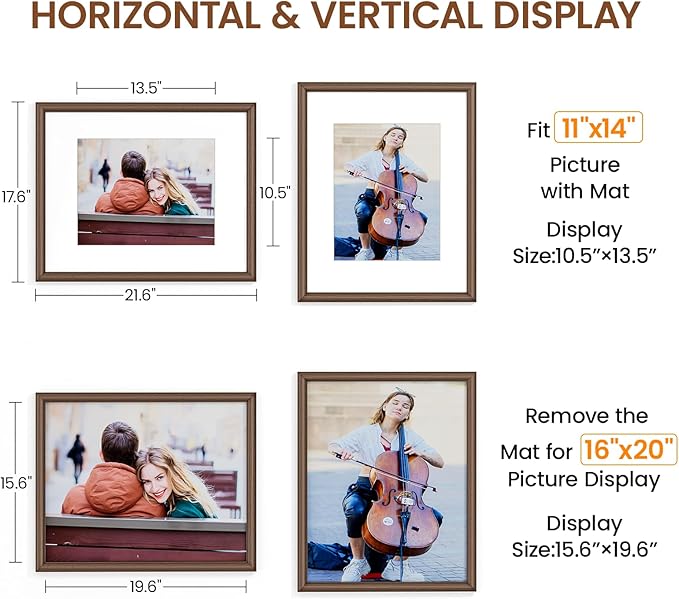 Natural Walnut 16x20 Picture Frames Mat to 11x14 Picture Display,Original Wood Handcrafted Poster Frame,Wooden Frame 16x20 with Tempered Glass Graduation Family Wedding Photo Wall Mounted