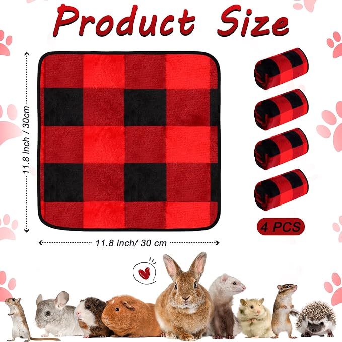 Reginary 4 Pcs Guinea Pig Fleece Blankets, Plaid, 12 x 12 Inch | Waterproof Washable Cage Liners, Absorbent Double Layer Bedding for Guinea Pigs, Reusable Pads for Hamsters Rabbits