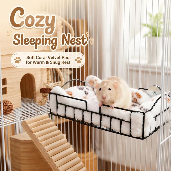 Hacaroa Rat Cage Platform with Mat, Hanging Guinea Pig Bed Basket Metal Squirrel Cage Ledge Bird Perch, Chinchilla Cage Accessories Small Animal Habitat for Hamster, Ferret, Gerbil, Easy to Clean