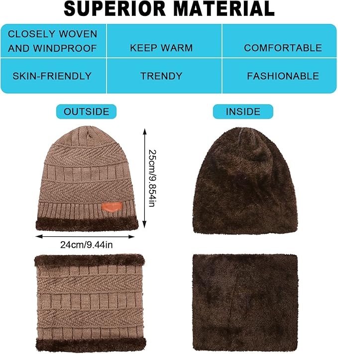 Winter Fleece Lined Beanie Hat Scarf Sock Touchscreen Gloves Set for Men Women
