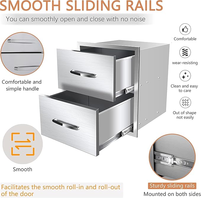 Outdoor Kitchen Drawers Stainless Steel 18W X 15H X 23D Inch, Flush Mount Double BBQ Island Drawers with Handle for Outdoor Kitchens, Patio or Grill Station