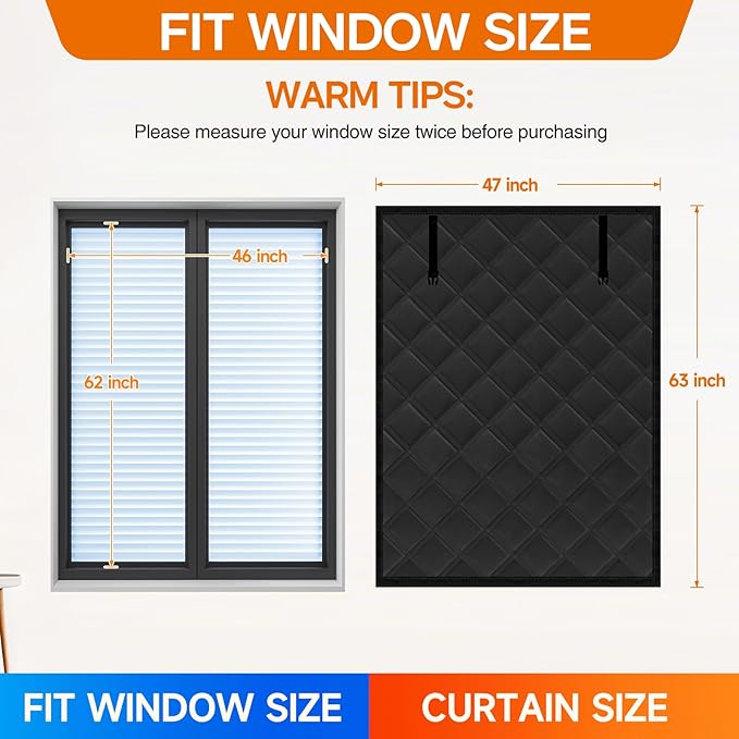 Winter Insulated Window Curtain 47"x63", Oxford Cloth Thermal Insulated Window Cover with Buckles,Heavy Duty Window Insulation Kit Fits Windows up to 46"x62",Black