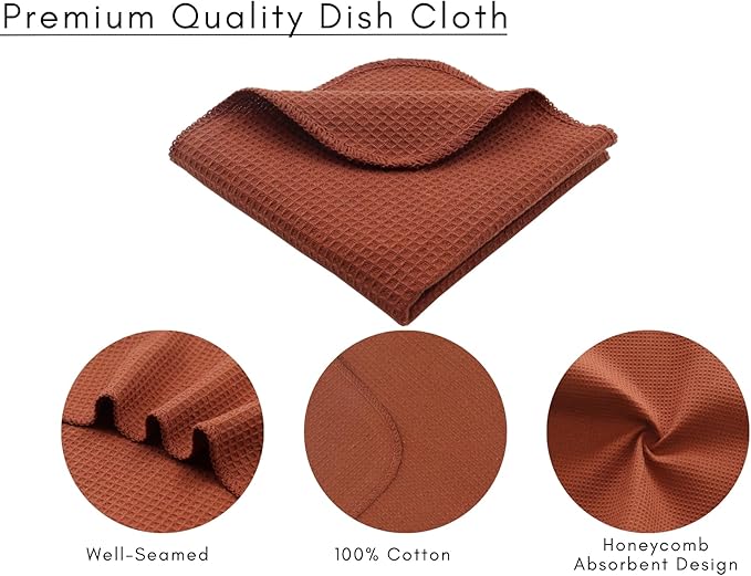 PurpleEssences Dish Cloths and Dish Rags - 8 Pack Waffle Weave Solid Kitchen Dish Wash Cloths, 100% Cotton, 12 x 12 Inches, Ultra Soft Absorbent Quick Drying - Christmas Holiday Winter - Rust