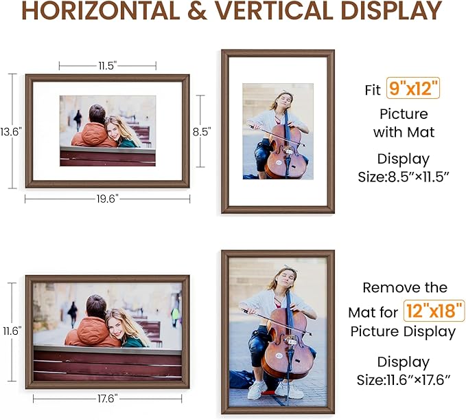 Natural Walnut 12x18 Picture Frames Mat to 9x12 Picture Display,Original Wood Handcrafted Certificate Frame,Wooden Frame 12x18 with Tempered Glass Graduation Family Wedding Photo Wall Mounted