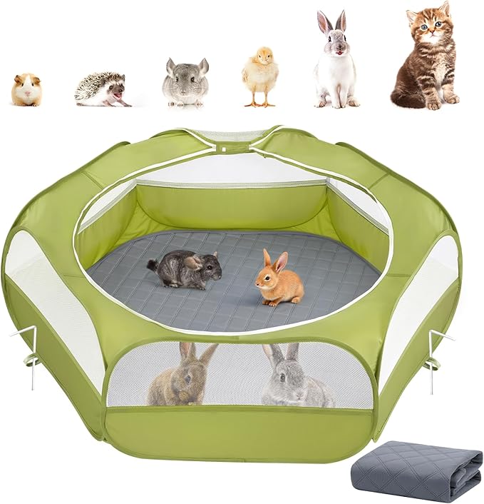 Pawaboo 2-in-1 Small Animals Playpen with Pad, Green+Gray | Waterproof, Reusable Pad, Portable Outdoor Yard Fence with 3 Metal Rod, For Chick/Kitten/Guinea Pig/Rabbits/Chinchillas
