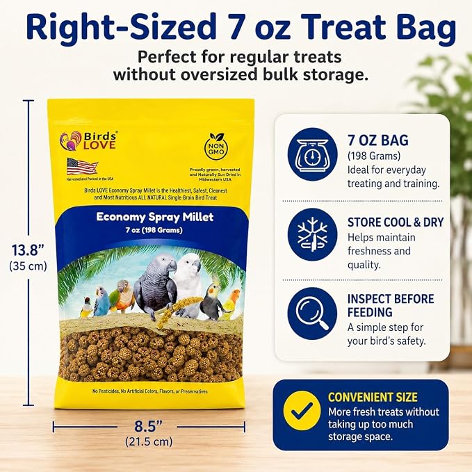 Birds LOVE Economy Spray Millet for Birds, 7 oz, GMO-Free Natural Millet Spray Treat, Stem-Reduced Edible Tops, Grown in USA, for Parakeets, Cockatiels, Lovebirds, Finches, Canaries & Small Parrots