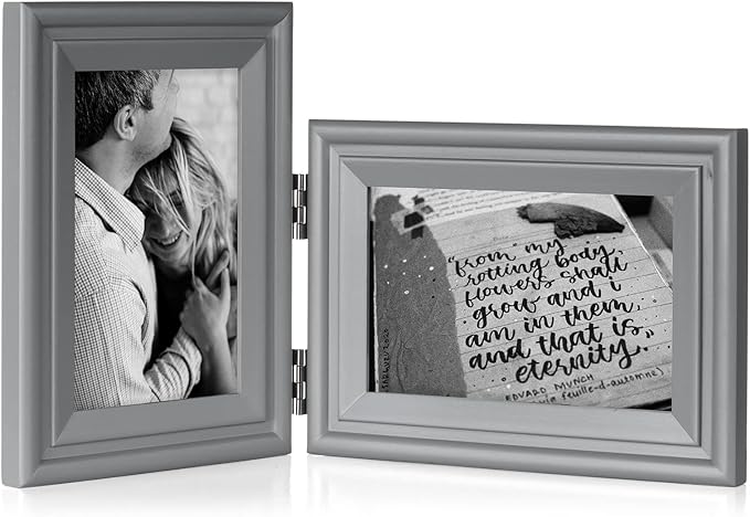 4x6 Double Hinged Picture Frame Folding Photo Frame Vertical and Horizontal in Gray Pine Wood with Real Glass for Tabletop X2-HUI-SH46