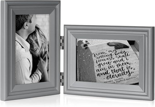 4x6 Double Hinged Picture Frame Folding Photo Frame Vertical and Horizontal in Gray Pine Wood with Real Glass for Tabletop X2-HUI-SH46