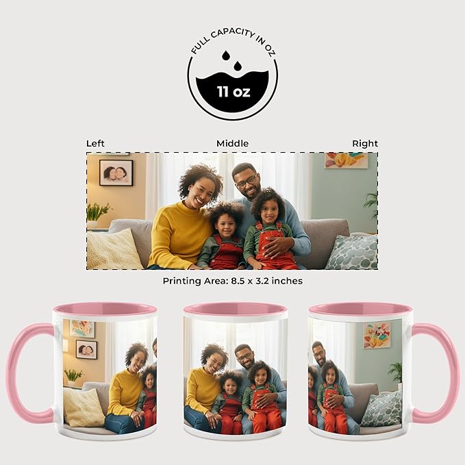 Personalized Mug, Custom Ceramic Mug with Photo and Text, 11oz, Pack of 1, Glossy Coffee Cup, Perfect for Christmas, Secret Santa or as Holiday Gift for Family or Friends, White/Pink