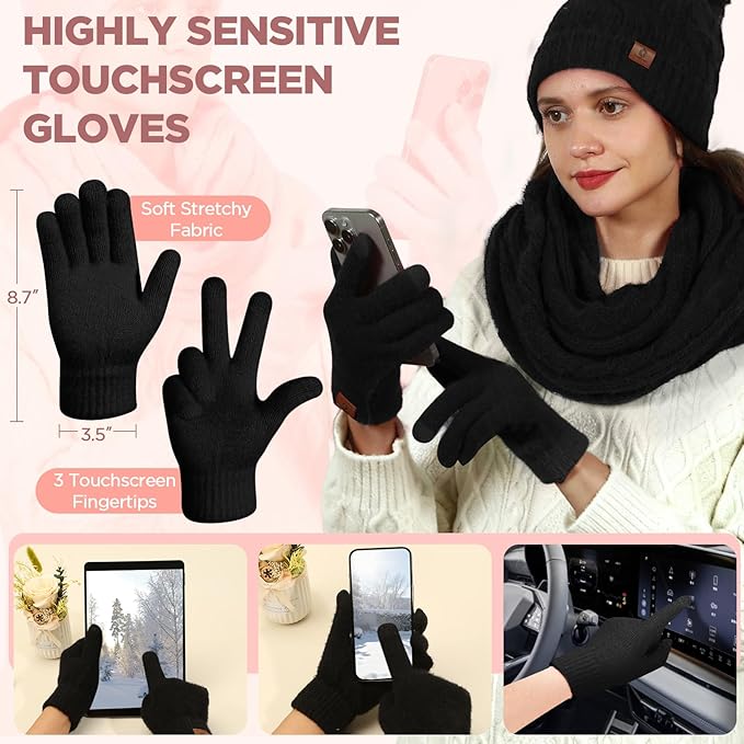 Womens Beanie Hat Infinity Scarf Touchscreen Gloves Fleece Headband 4 in 1 Winter Clothes Set Gifts for Women