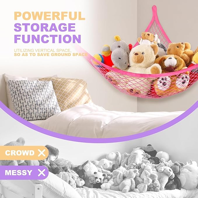 Lazebox Stuffed Animal Net Hammock for Plushie Toys, Stuffed Animal Hammock Corner for Kids' Room Decor, Ideas for Organizing Stuffy Collection, 1 Pack, Pink
