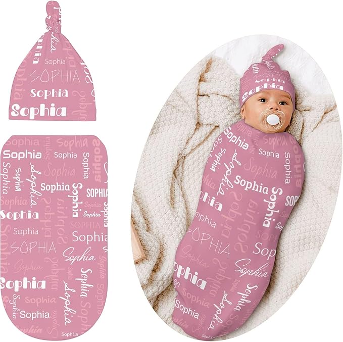 Swaddle Blanket with Hat Set Newborn Name Lettering Pink Receiving Blankets Baby Swaddle Wrap Soft Sleep Sack for Baby Boys and Girls