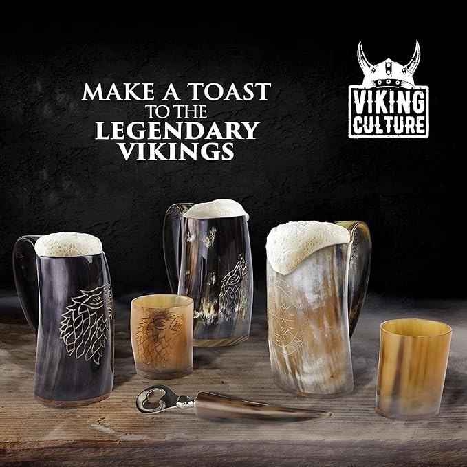 Viking Culture Ox Horn Mug, Shot Glass, and Bottle Opener (3 Pc. Set) Authentic 16-oz. Ale, Mead, and Beer Tankard | Vintage Stein with Handle | Polished Finish | Diagonal Stripes