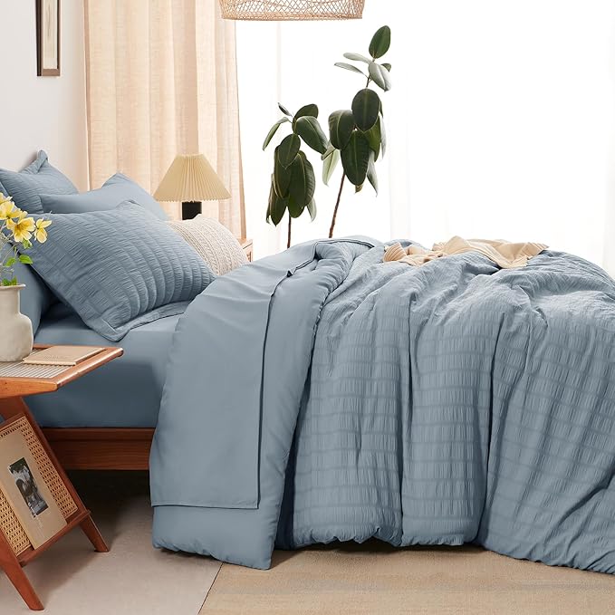 CozyLux Grayish Blue Full Size Comforter Sets with Sheets 7 Pieces, Dusty Blue Seersucker Bed in a Bag Textured Luxury Soft Bedding Set with Down Alternative Comforter, Sheets, Pillowcases & Shams