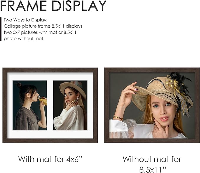 8.5x11 Double 5x7 Picture Frame Double Picture Frame Displays Two 5x7 inch Photos Available Horizontal Wall Mounting Display and Vertical Walnut